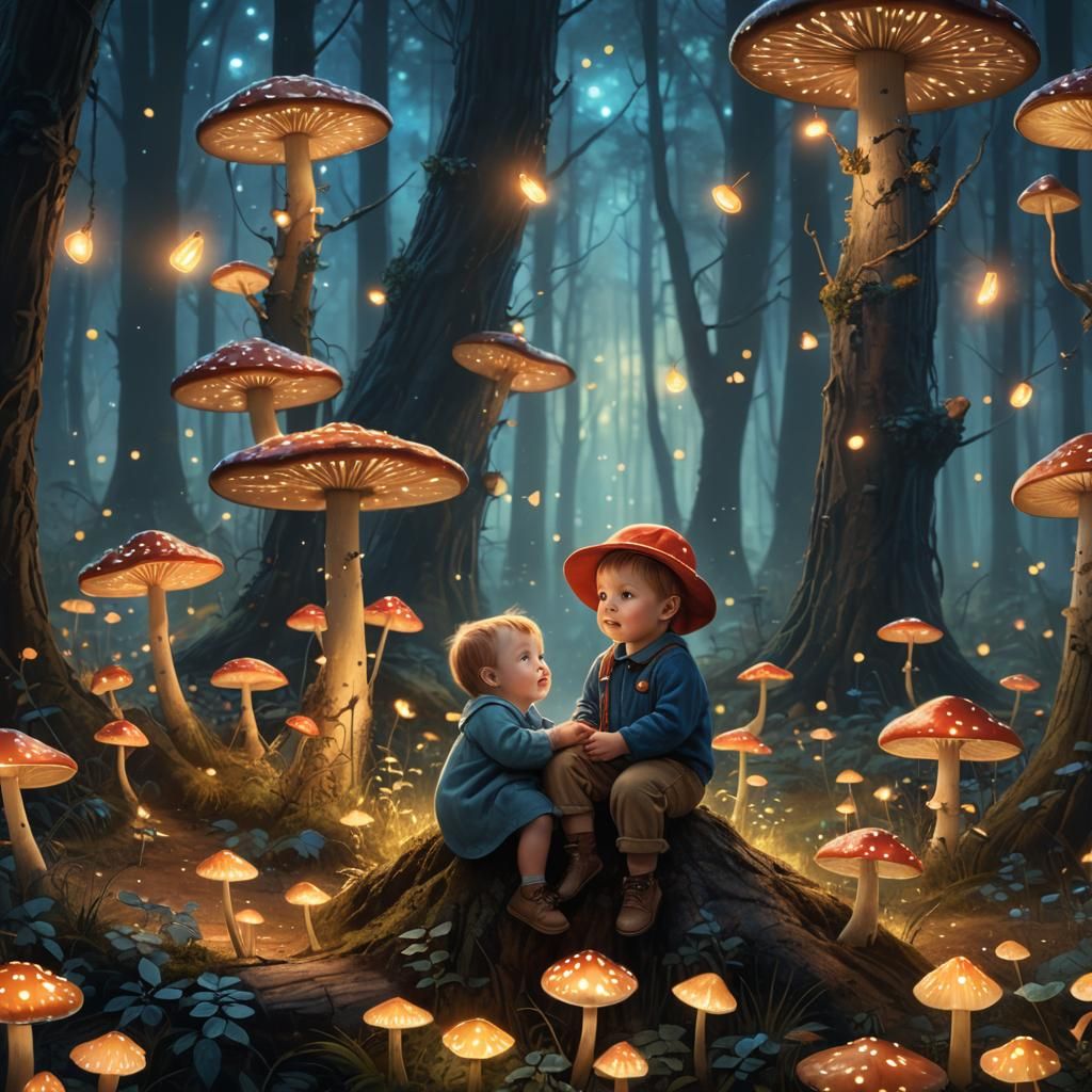 Baby on Toadstool in Whimsical Forest