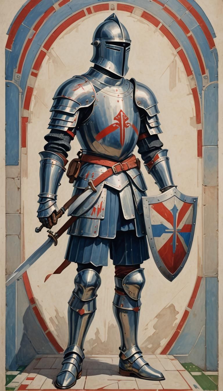 A full-body-portrait in the Art Deco style of a clean-shaven knight in plate armour, carrying a (tower shield 1.5). The shield has a red and...
