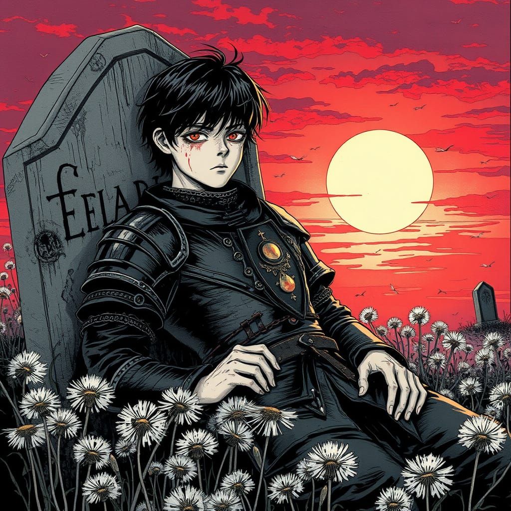 Defiant Knight Amidst Dandelions, Crimson Twilight