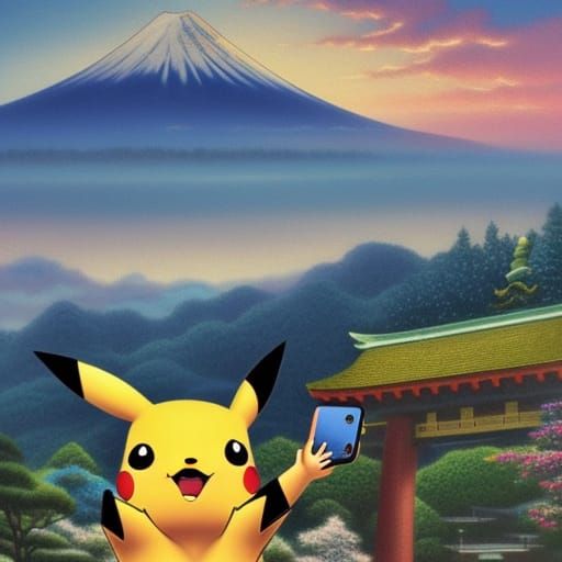 Pikachu taking a selfie under a Shinto arch in front of Moun...