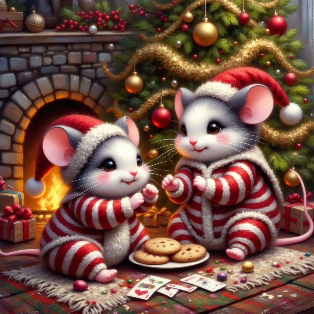 <lora:Mim:1.0> Create an image of a two mice dressed in red and white striped pajamas and detailed Santa Claus hats. The mice are under a fu...