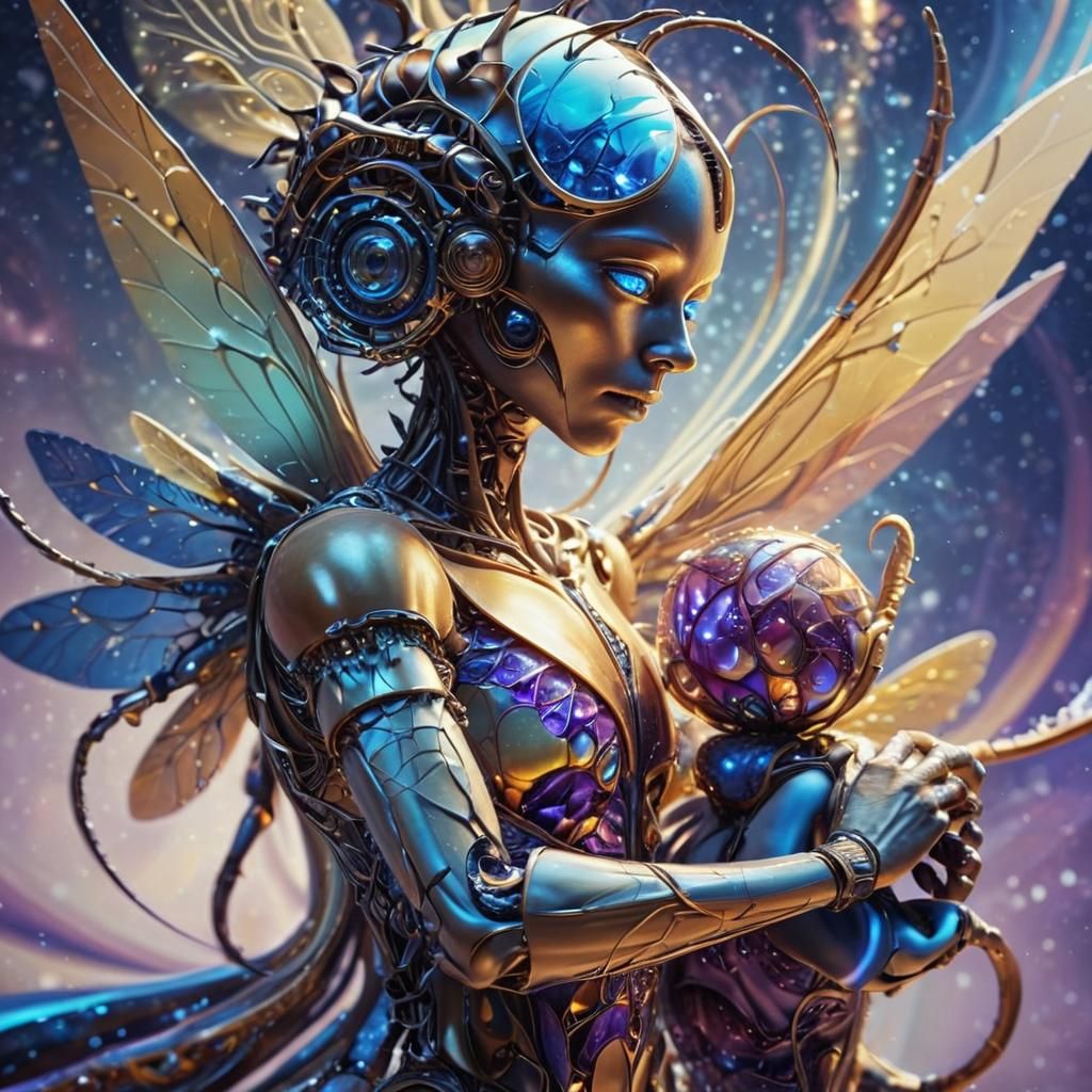 Insectoid alien with highly detailed enormous blue irises