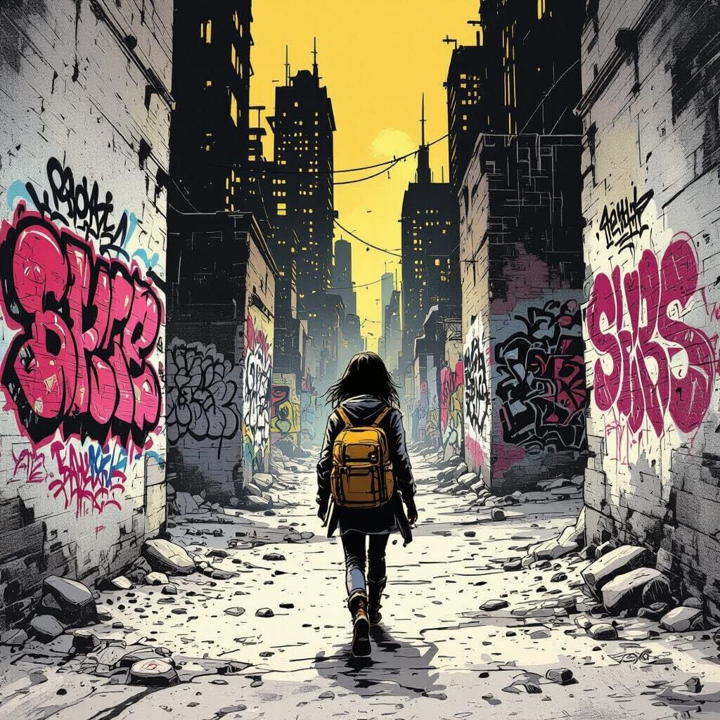 Comic Style Traveler Explores Graffiti City