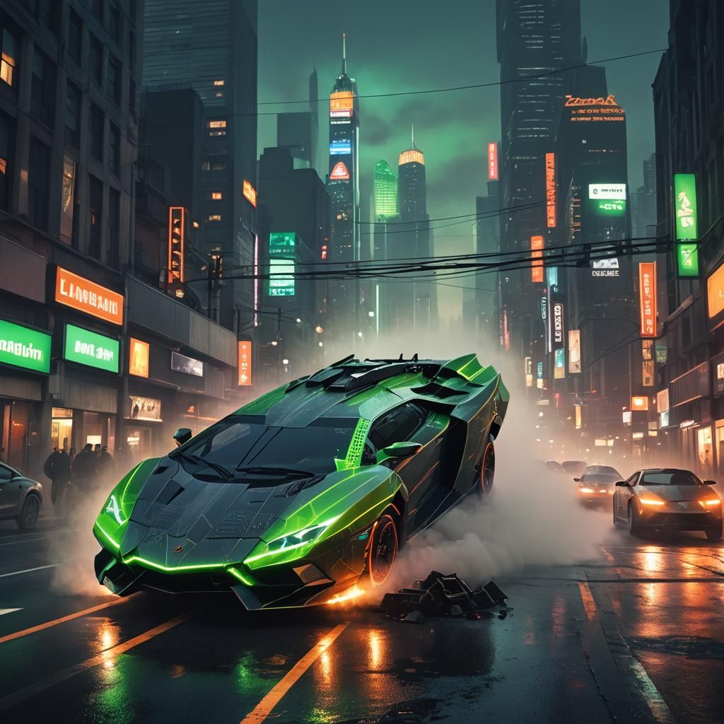 Futuristic Lamborghini Tank Concept Art in Neon City