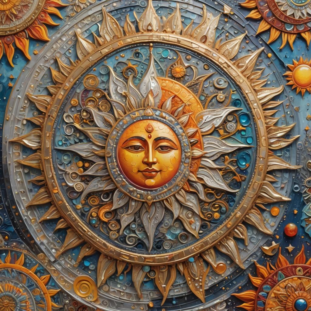 Intricate tarot-inspired designs featuring the sun and moon as central symbols, surrounded by detailed mandalas and celestial patterns. The...