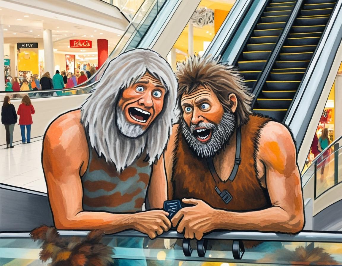 Whimsical acrylic art. A primitive hairy surprised cave man ...