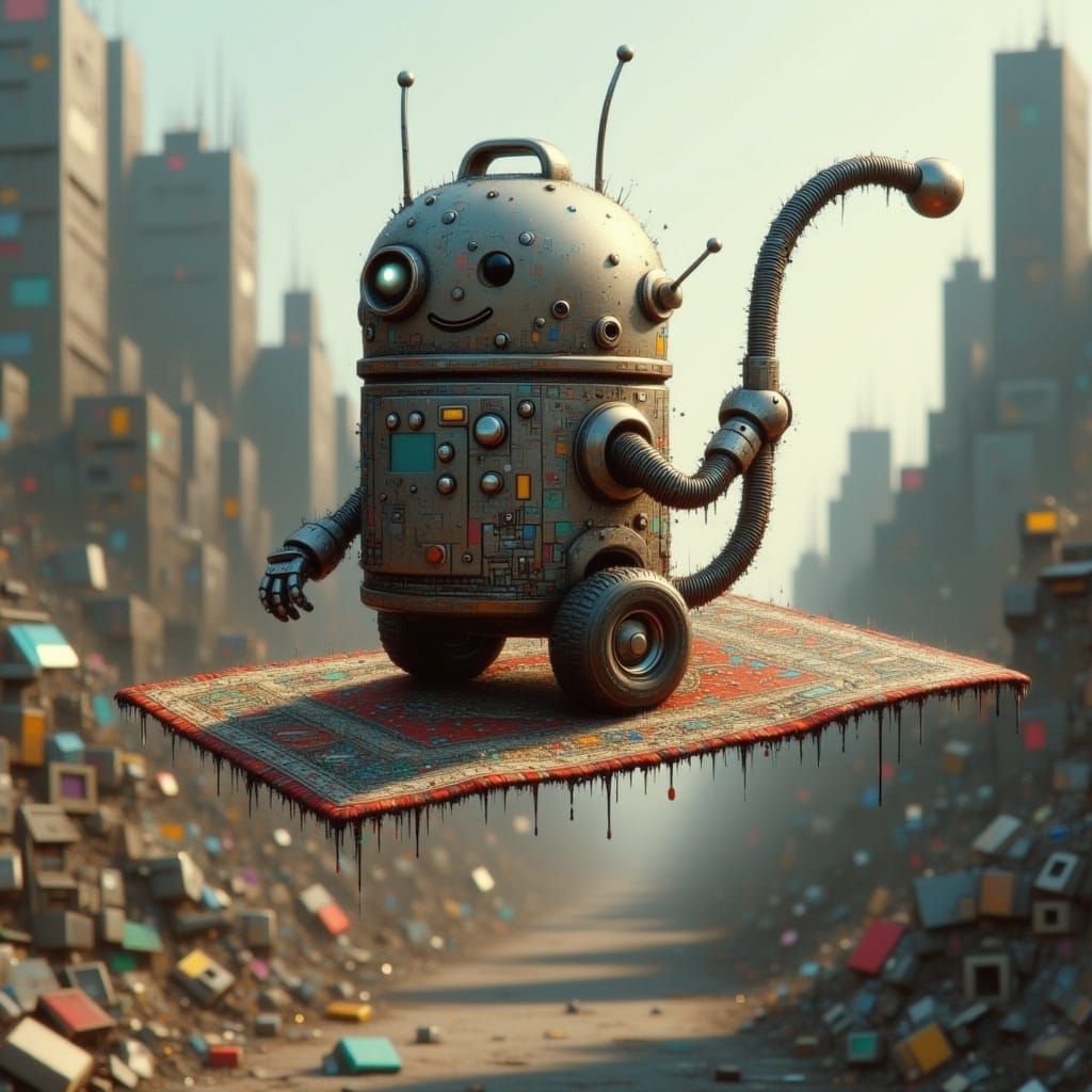 Cyberpunk Vacuum Cleaner Soars on Flying Carpet through Dese...