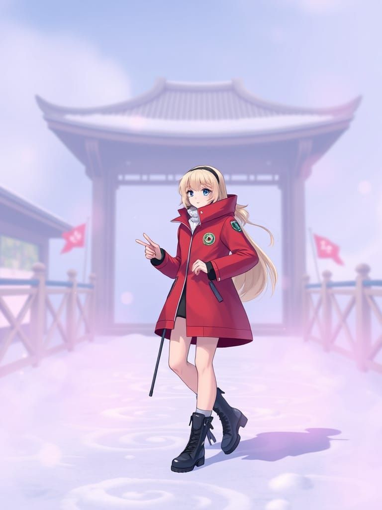 Young Woman in Red Jacket and Black Leather Skirt