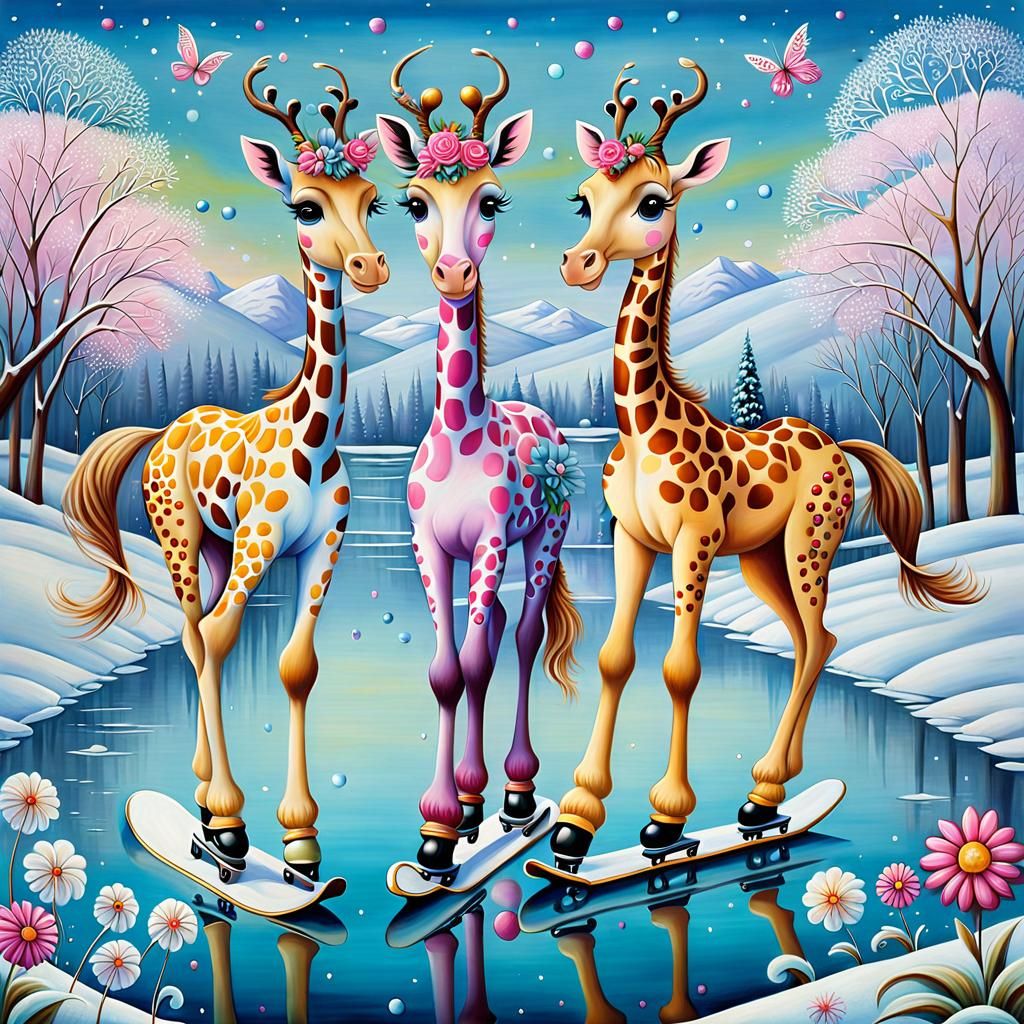 Giraffes skating  on a frozen lake