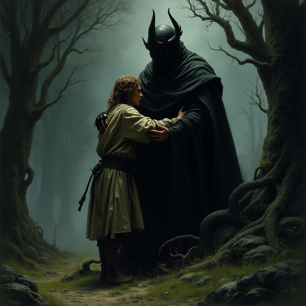 Frodo Embracing Morgoth in Dark, Haunting Landscape
