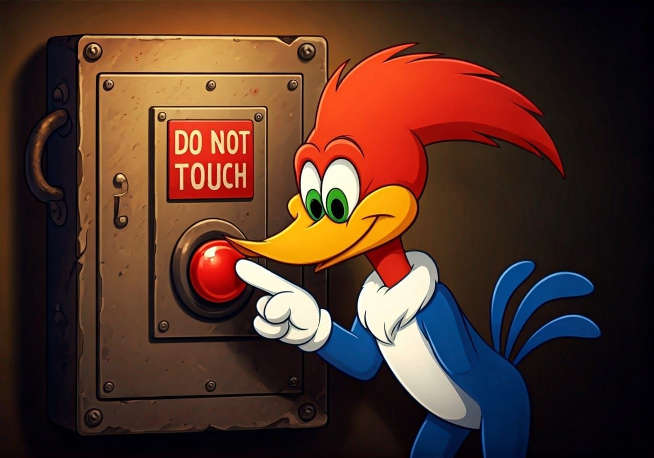 A woody woodpecker hesitating before pressing a button labeled DO NOT TOUCH.  by @Here I am Once again