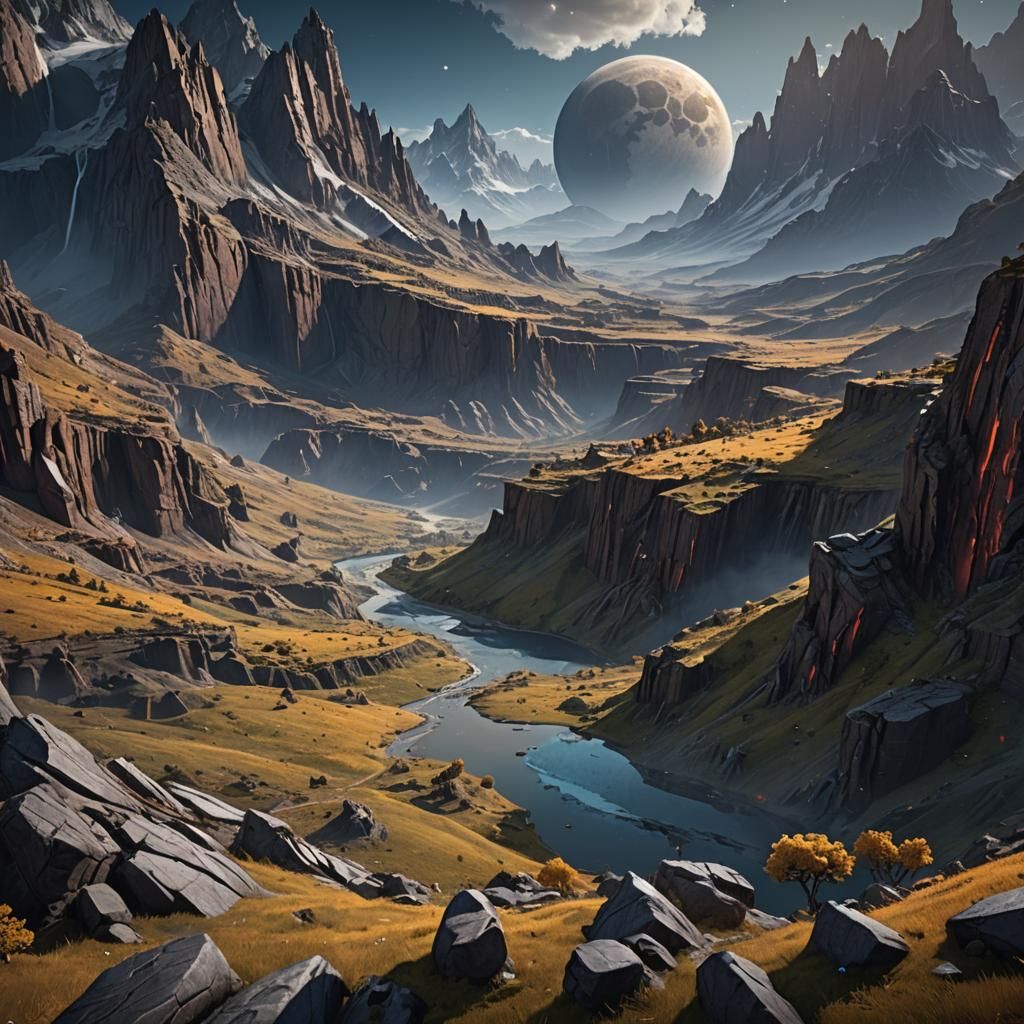 the broken moon lies in a valley among the mountains