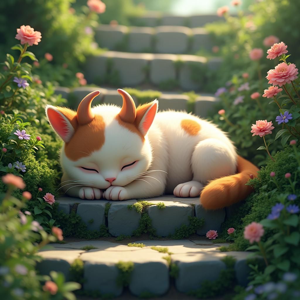 Cow Cat Lounging on Stone Steps in Anime Style