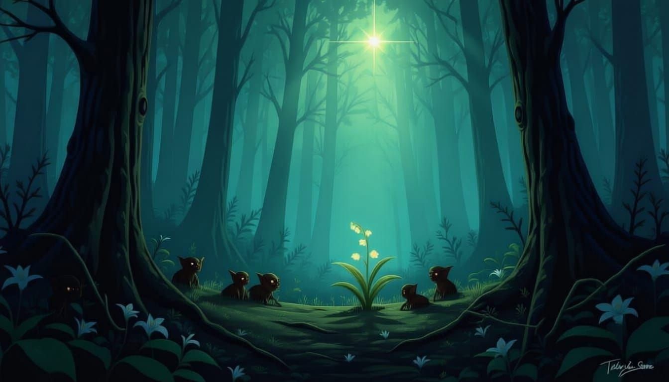 Light beams on the last enchanted flower in an evil dark forest