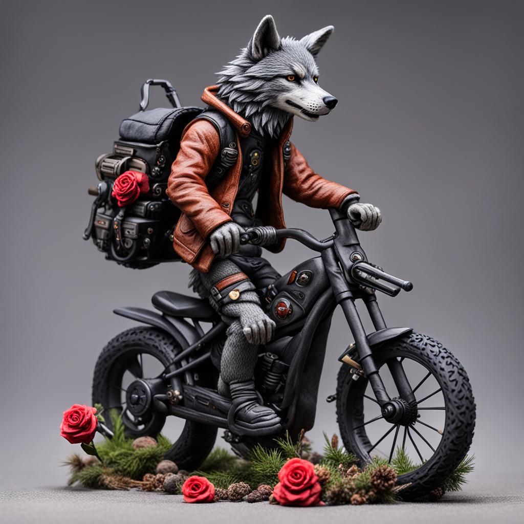 Furry art figure Wolf (steht neben einem Chopper bike und ha...