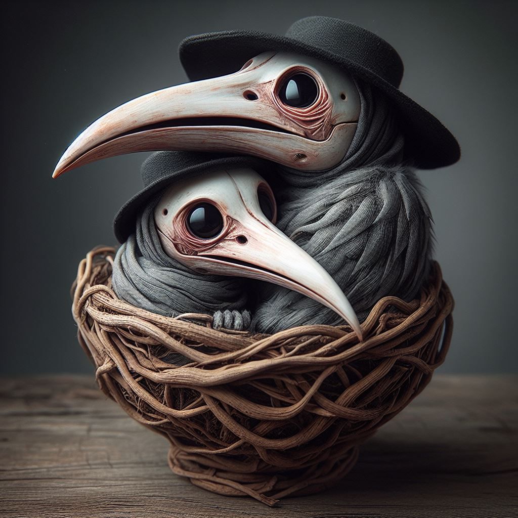 Etsy Ad: Plague Doctorlings in Wicker Basket: $165