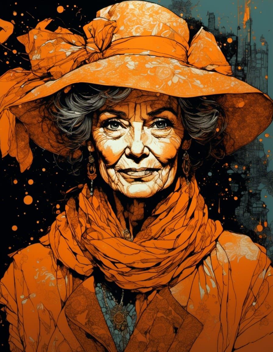 old lady in burnt orange