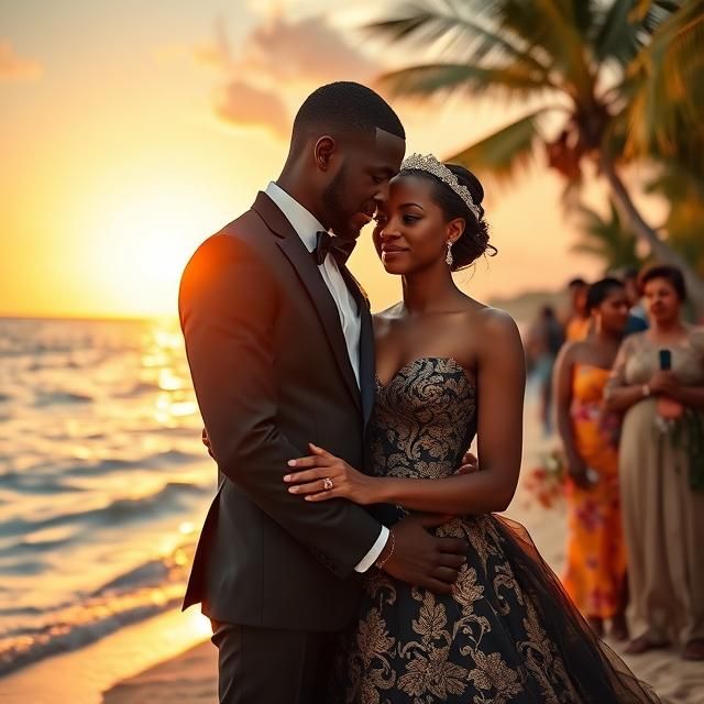 Picture a black Ghanaian man, dressed in a stylish black suit and navy-blue bow tie, sharing a tender moment with his be...