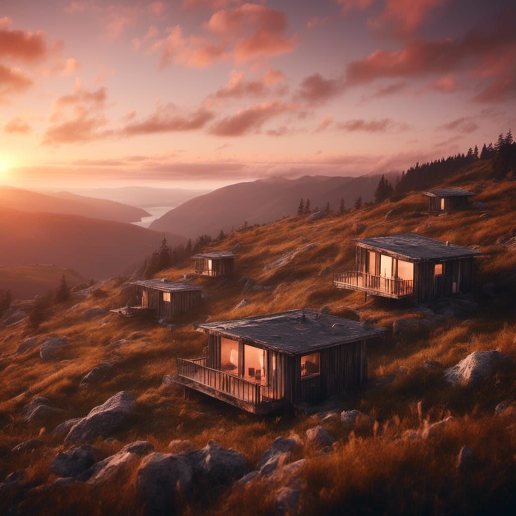 <lora:Macabre:1.0> 3d printed homes with a view of the sunse...