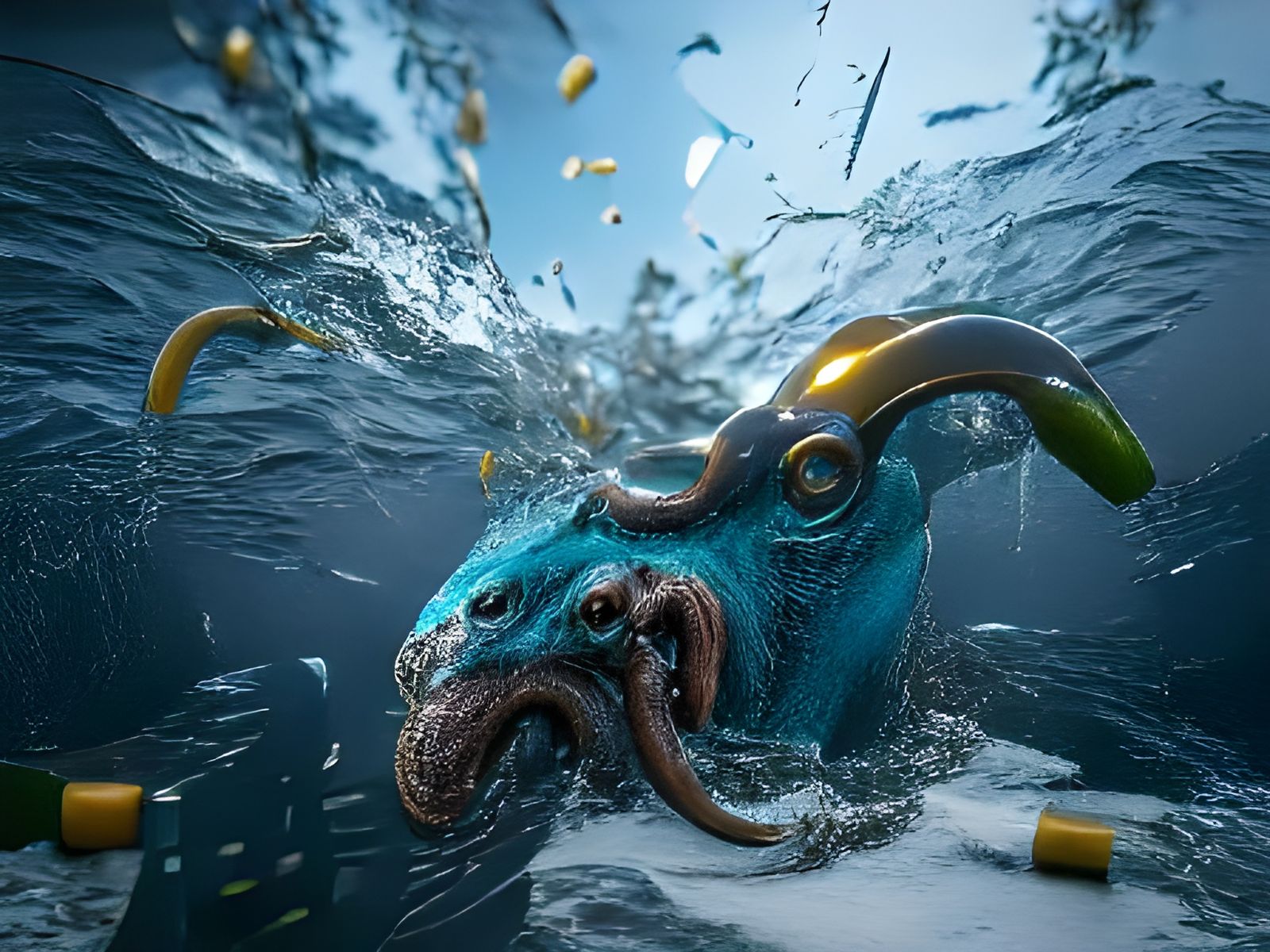 Kraken with a thunderbolt in his mouth and disappearing under blue ...