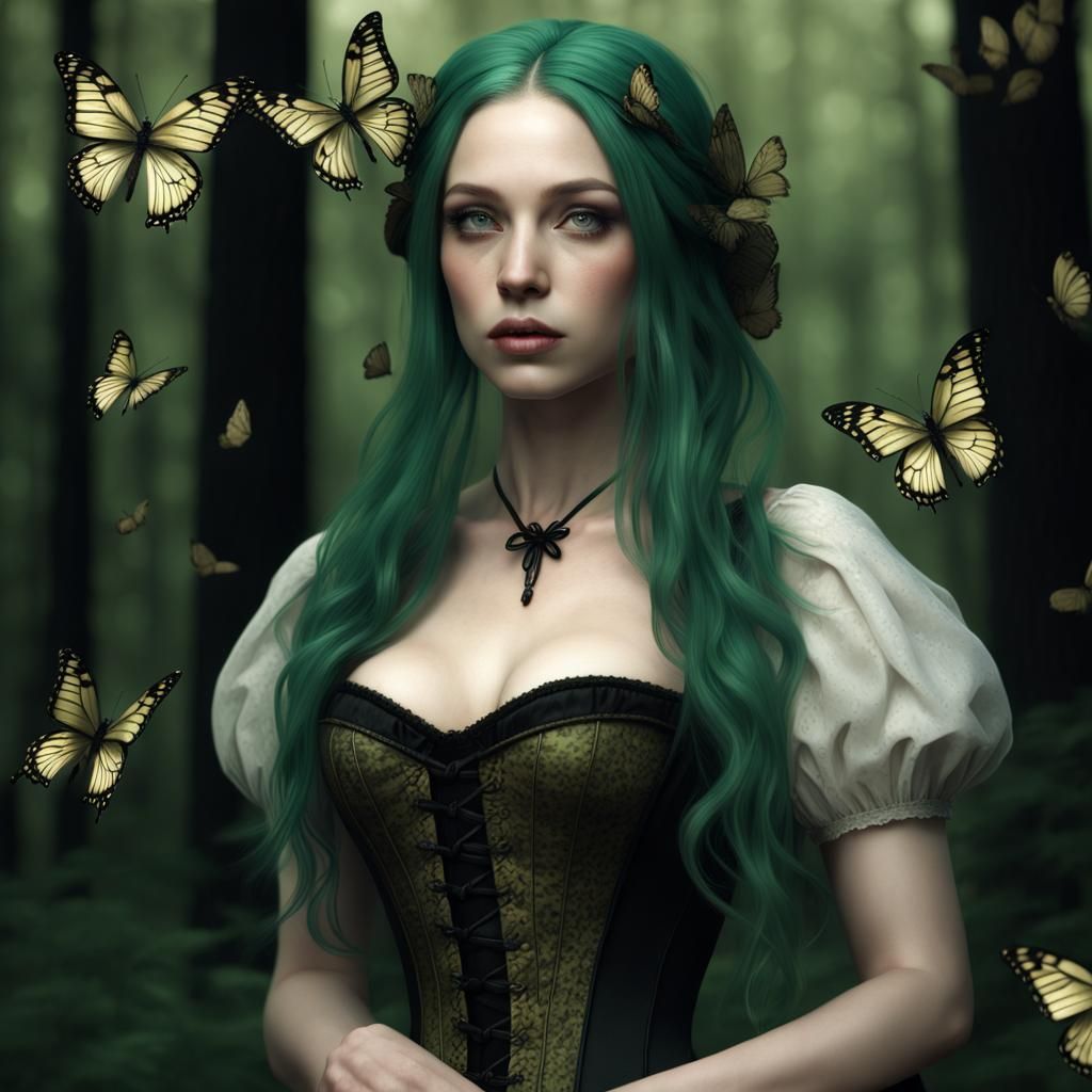 Beautiful Woman with Emerald Hair in Dark Forest