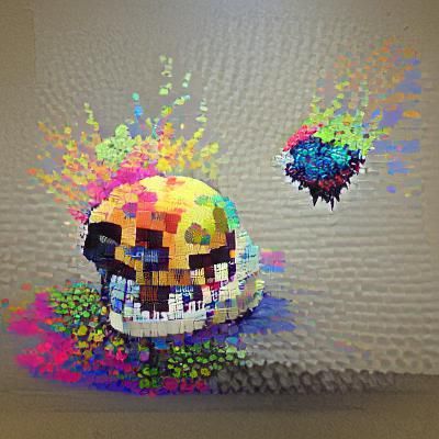 A skull bursting with color pixel art