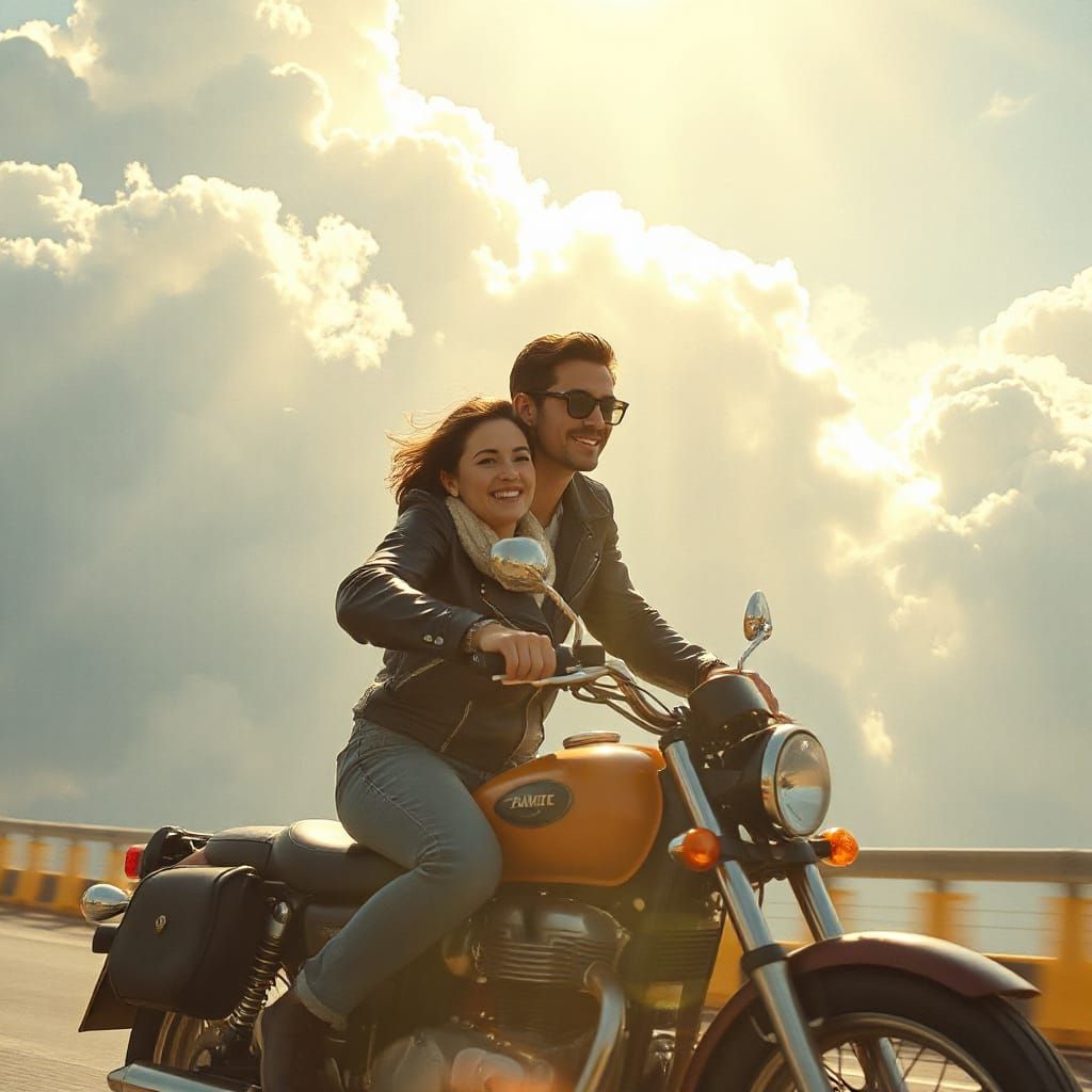 Lovers on a motorcycle.