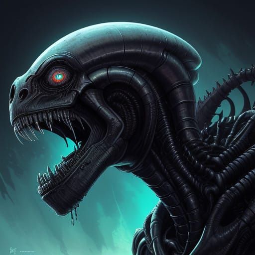 Sigourney Weaver Ripley with luminous skin, close up with alien showing viscous teeth with saliva dripping from his mouth, on foreign planet...