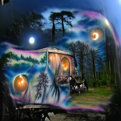 airbrush art gypsy caravan in the woods with a huge moon shi...
