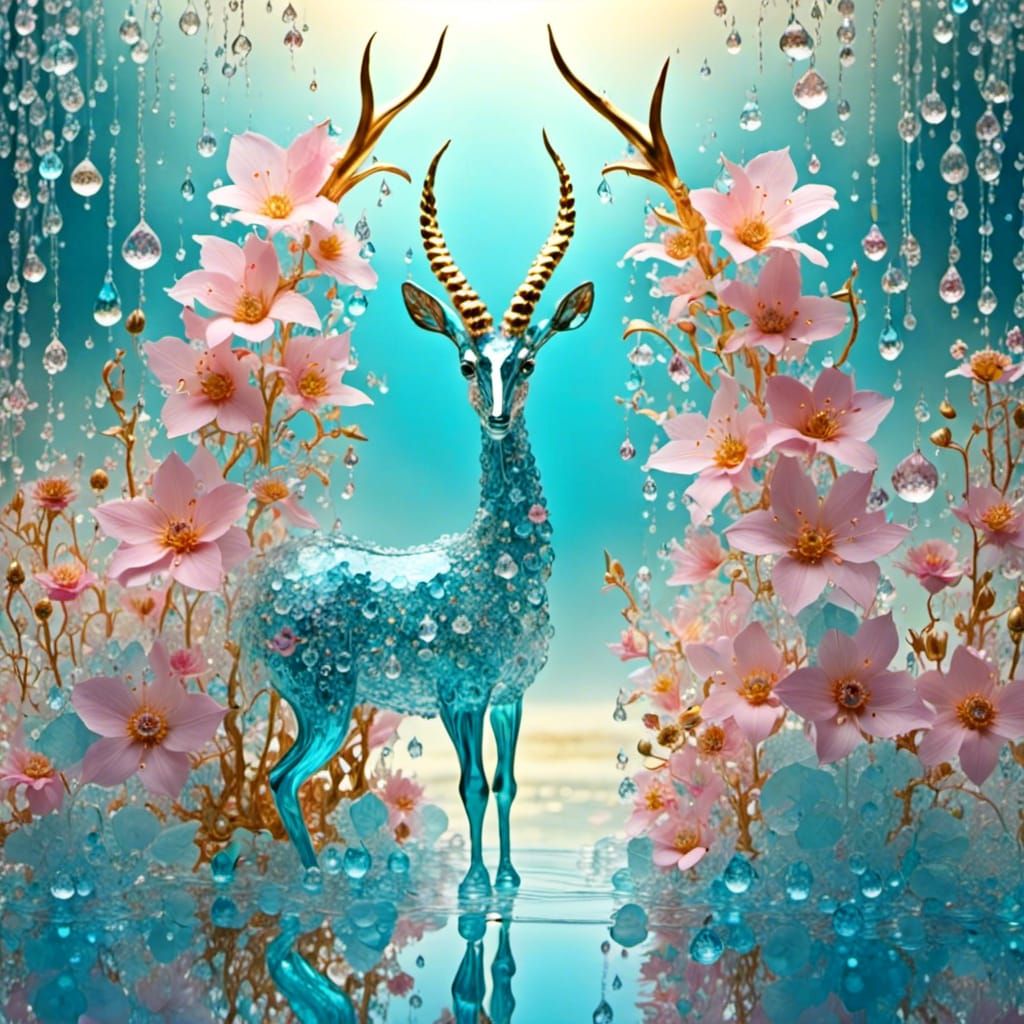 <lora:Xray:1.0> (3d crystal gazelle made of clear glass , gold horns and hooves, sparkly1.6); river, aqua blue water and  pink flowers fill...