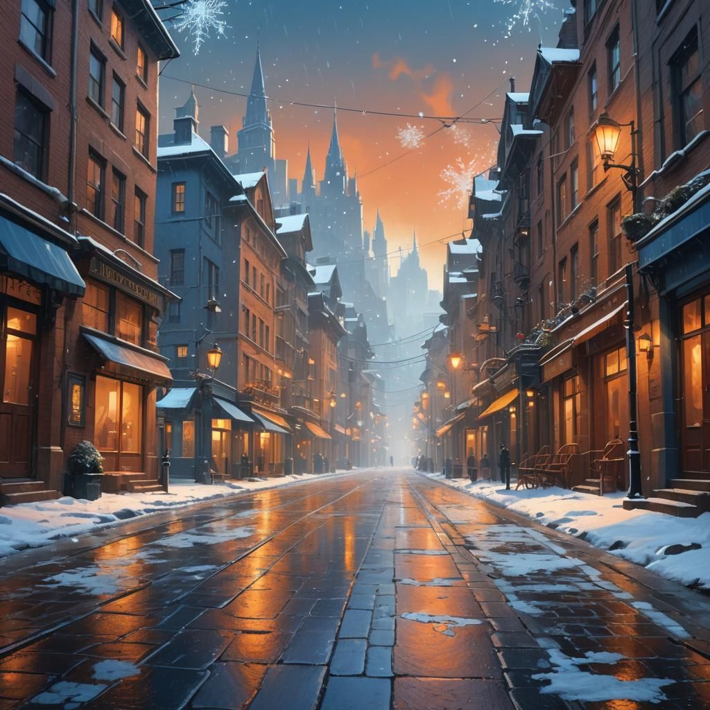Empty Winter Street in Vibrant Fantasy Art
