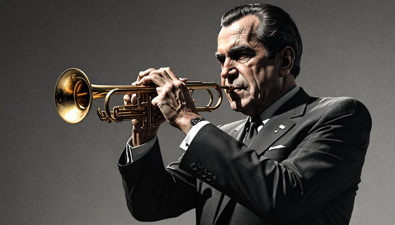 President Richard M. Nixon playing a trumpet.
