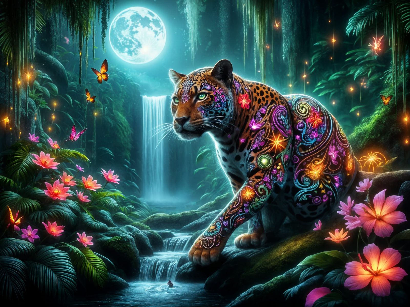 <lora:FiosAnimalGlowInk:1.0> Jaguar with glowing floral tattoos in jungle