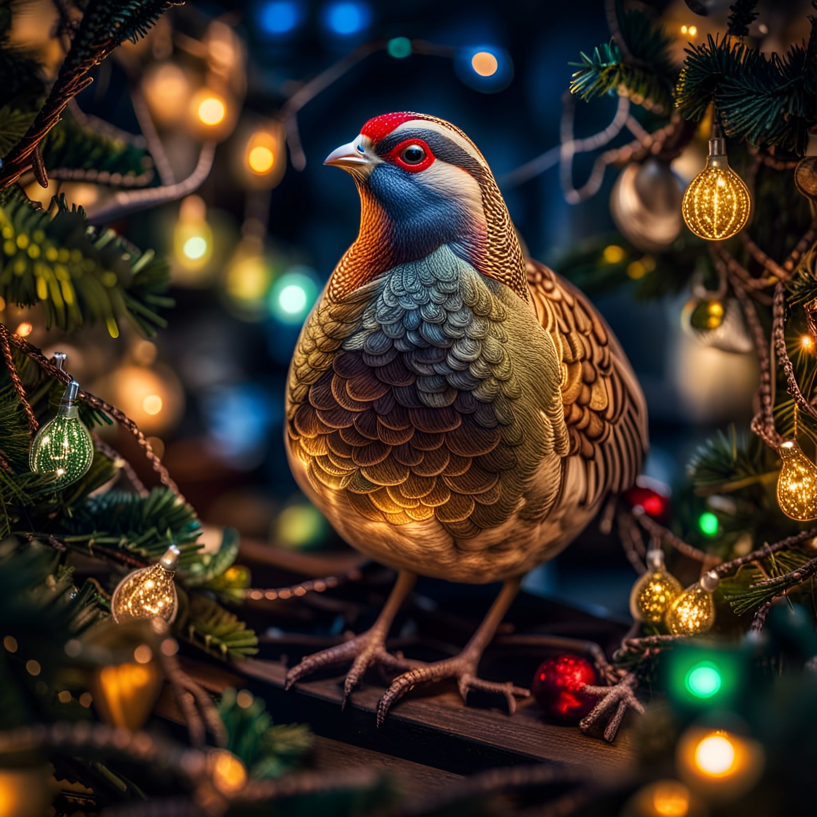 a Partridge in a pear tree surrounded by Christmas lights intricate details, HDR, beautifully shot, hyperrealistic, ...  by @Patsy 