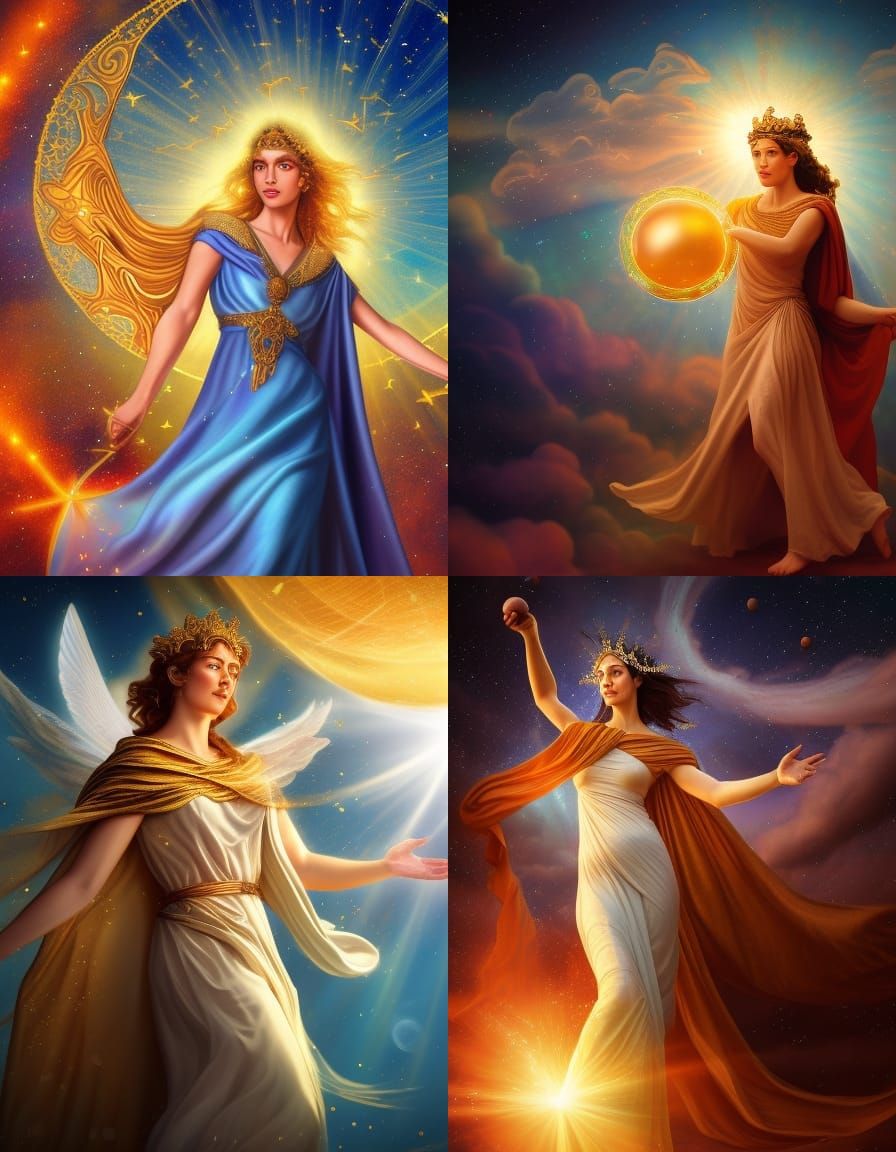 Greek goddess Urania, holding a globe, wearing a cloak of stars