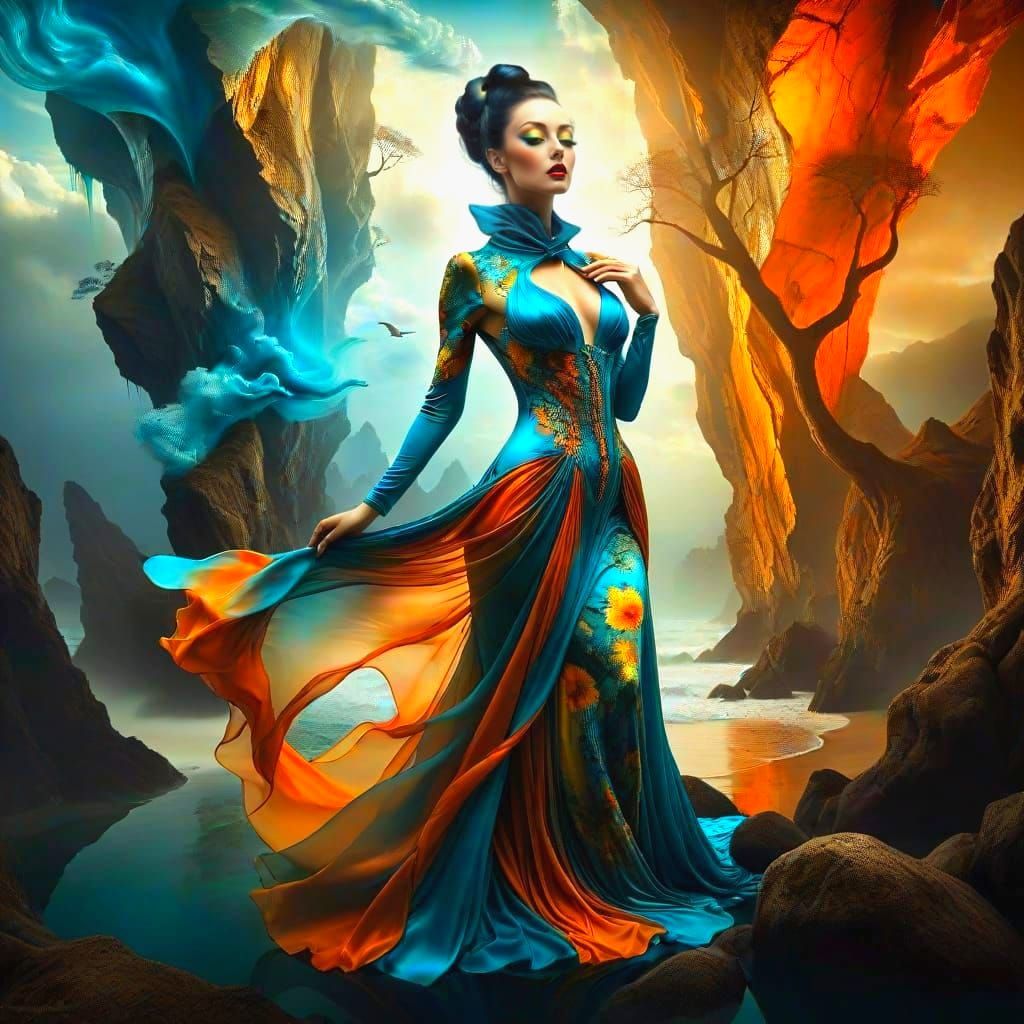 Surreal Lady in Vibrant, High-Contrast Landscape