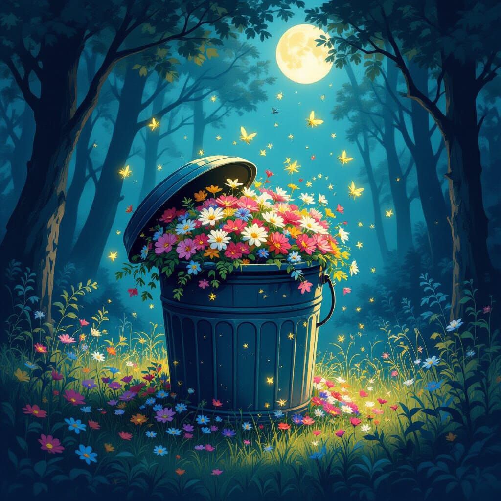 A whimsical trash can, adorned with blooming flowers and shimmering confetti, sits in a moonlit forest clearing. Ethereal fireflies dance ar...