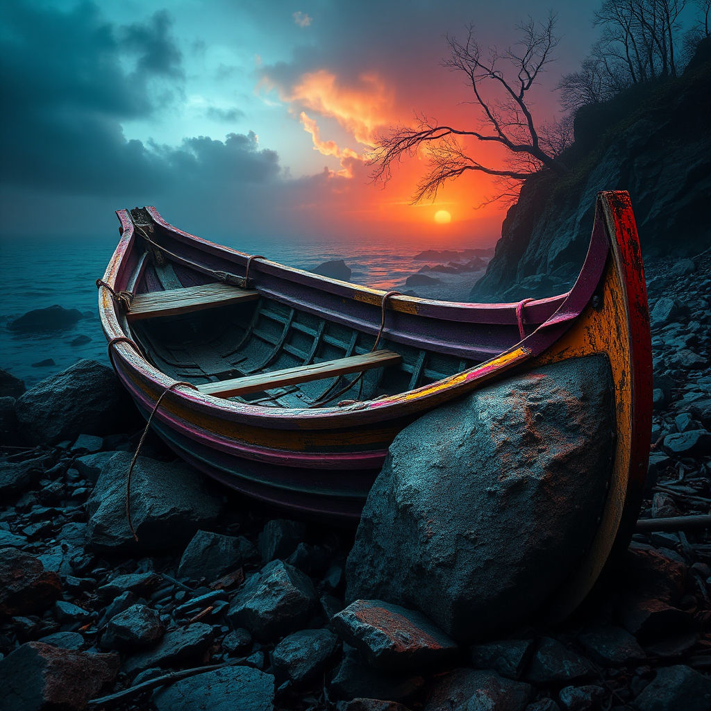 A old abandon wreaked rowboat crushed from a rock on the rocky beach #8