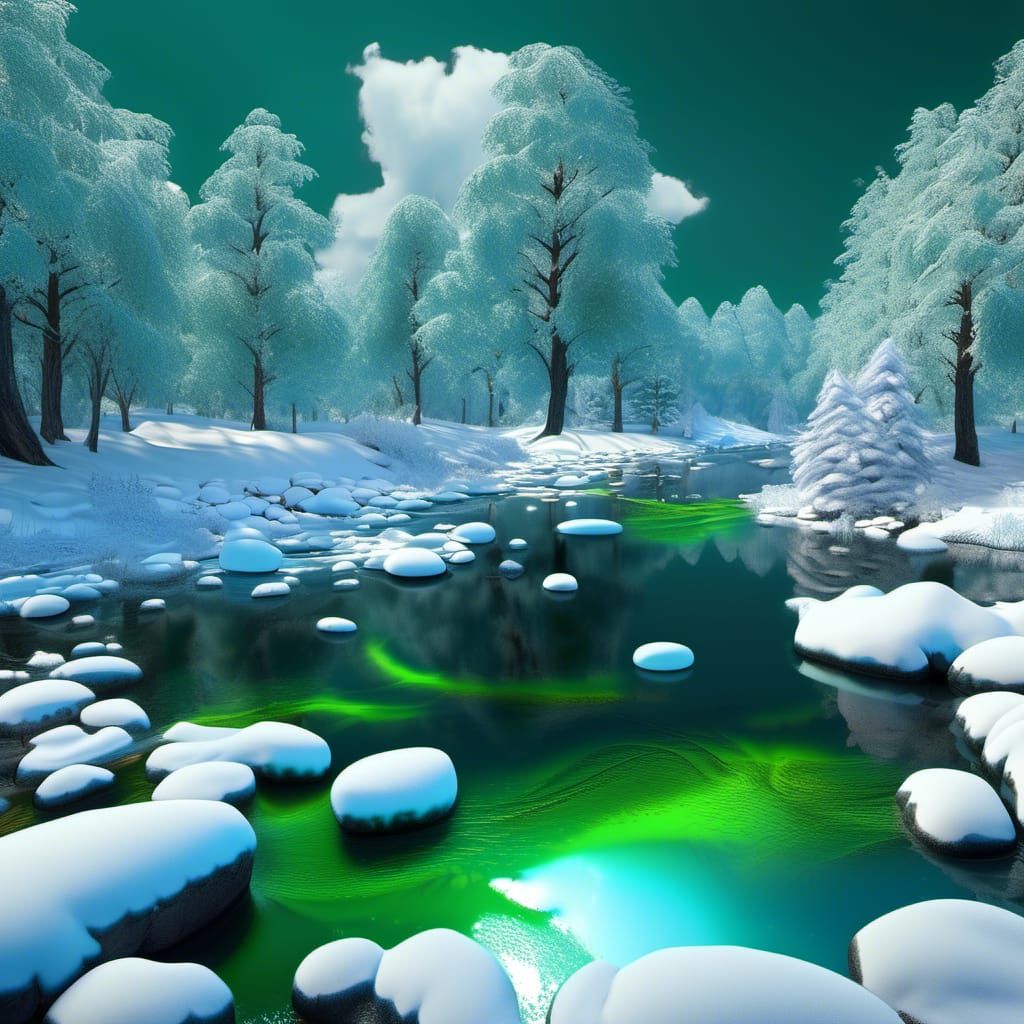 ethereal glowing metallic lime green water and blue green reflections holographic precision luminescence vibrant hue, meticulously crafted,...