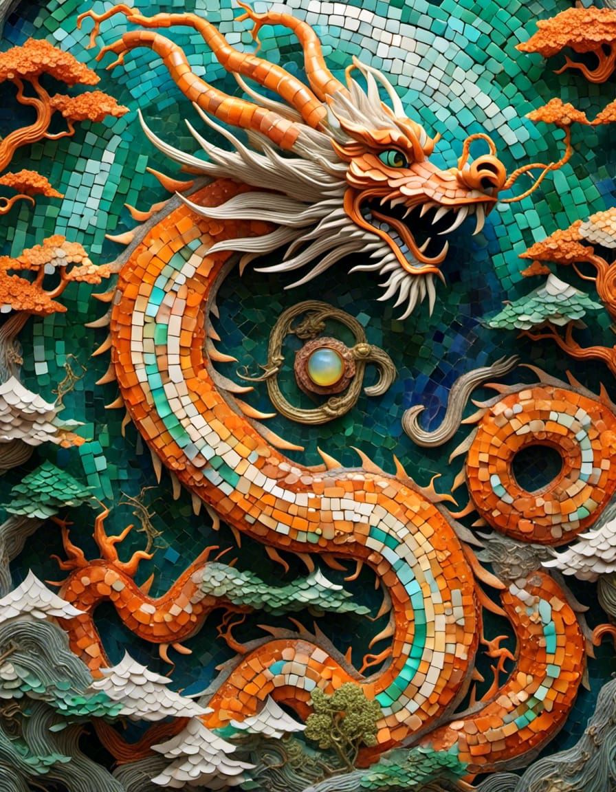 <lora:Dragon-Perfection:1.0> Turkish mosaic of a Chinese dragon made of jade and opal, maximalist highly detailed photography, intricate ora...