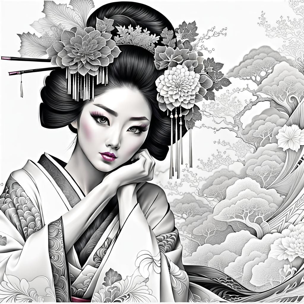 Charming Japanese Girl, Coloring Page For Adults - AI Generated Artwork ...