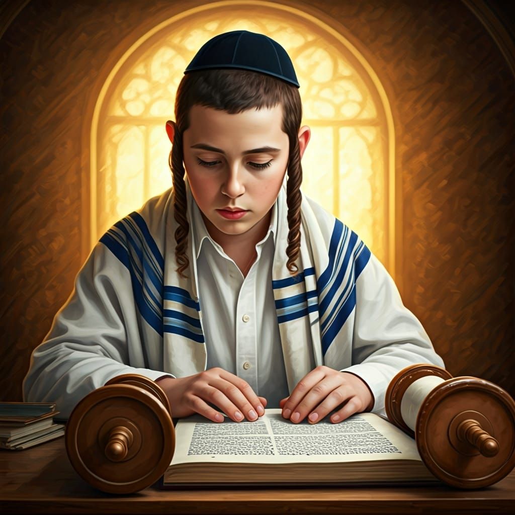 Young Boy Studying Torah in Chagall Style