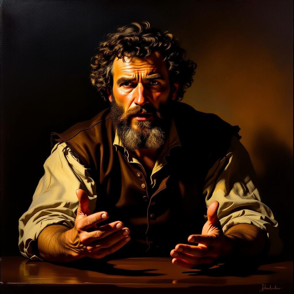 Man Speaking in Dramatic Rembrandt-Style Oil Painting
