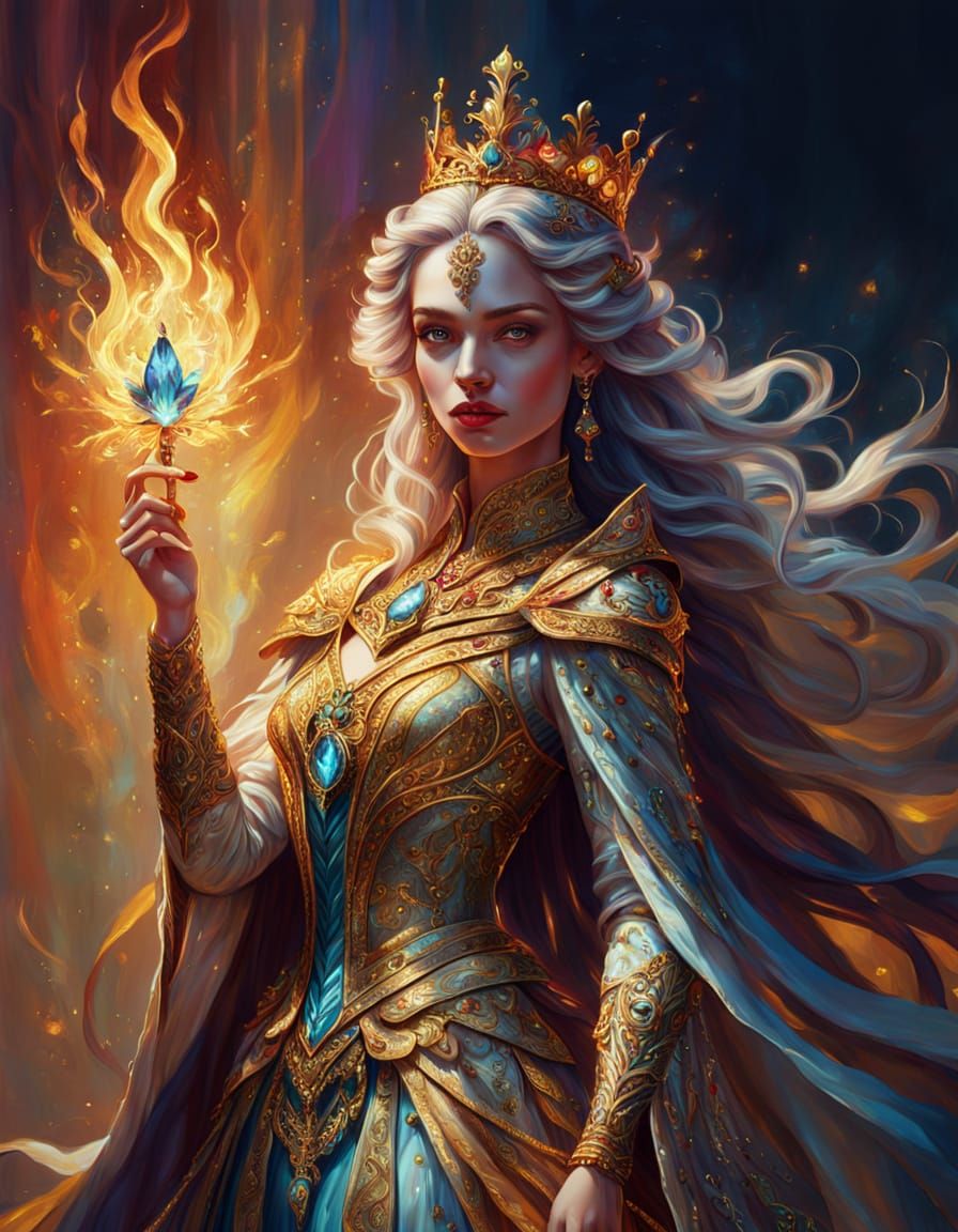 Vibrant oil painting. A fantasy queen. Luminescent textures. Regal and powerful pose. Warm, glowing light. Haute couture, fantasy art, flowi...