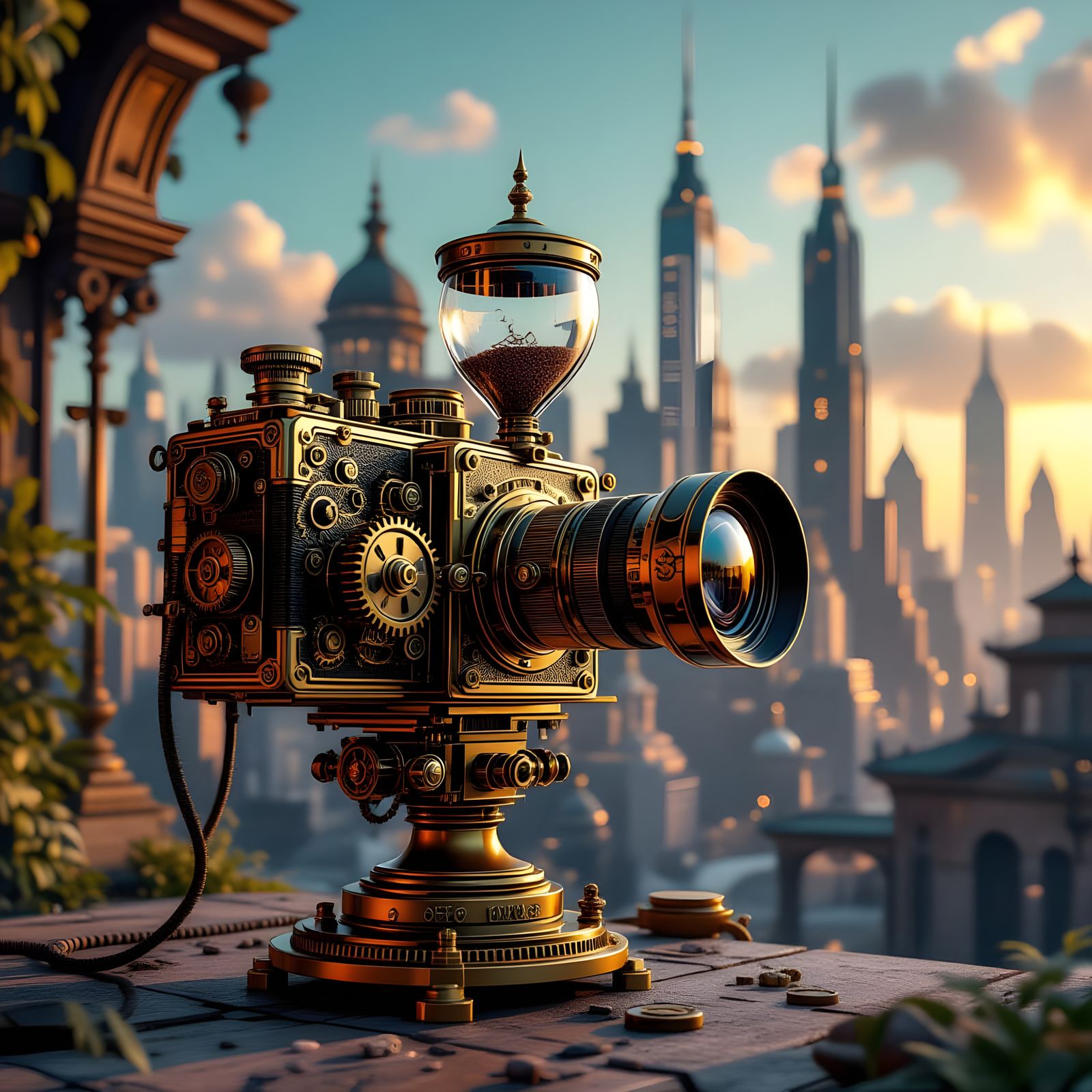 Envision a 3D, ultrarealisrtic steampunk-style camera capturing a surreal, time-traveling cityscape. ...  by @Evan Fischer