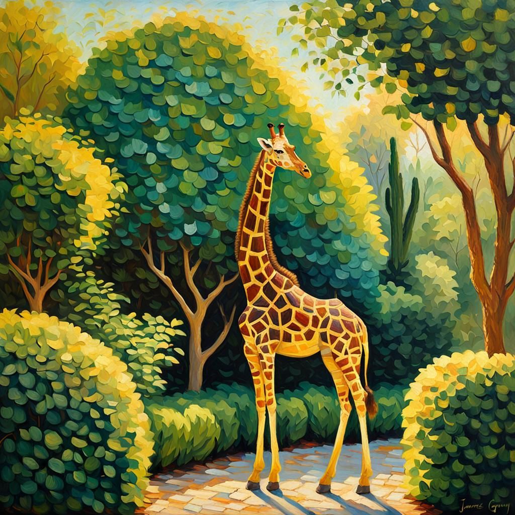 Topiary Giraffe in Impressionist Garden Painting