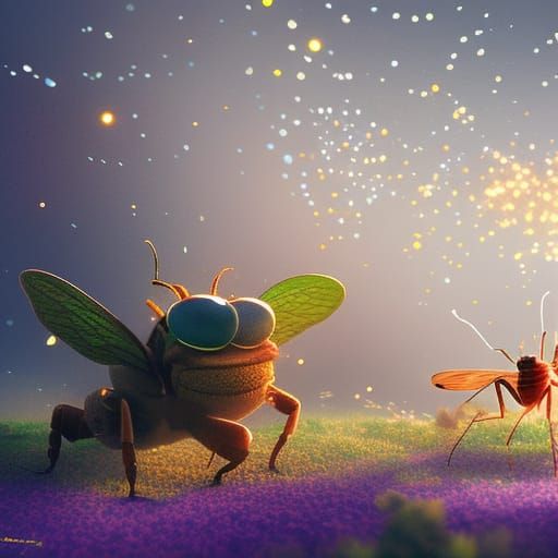 Friendly insects playing together light particles detailed m...