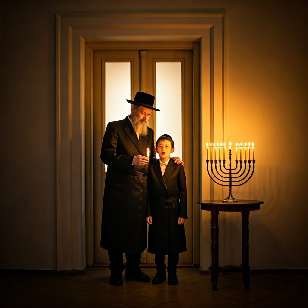 Traditional Jewish Father and Son Light Hanukkah Menorah Tog...