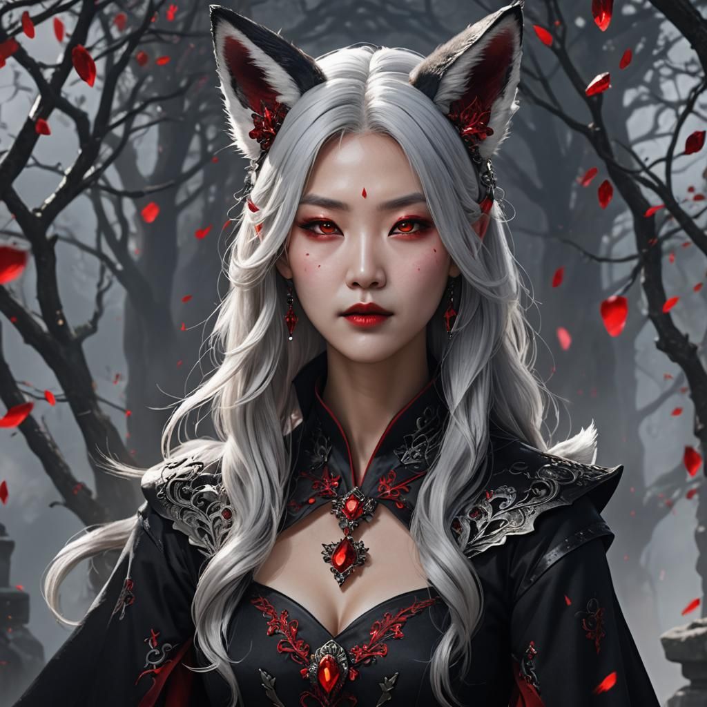 korean lady silver hair black dress red crystals white fox e...
