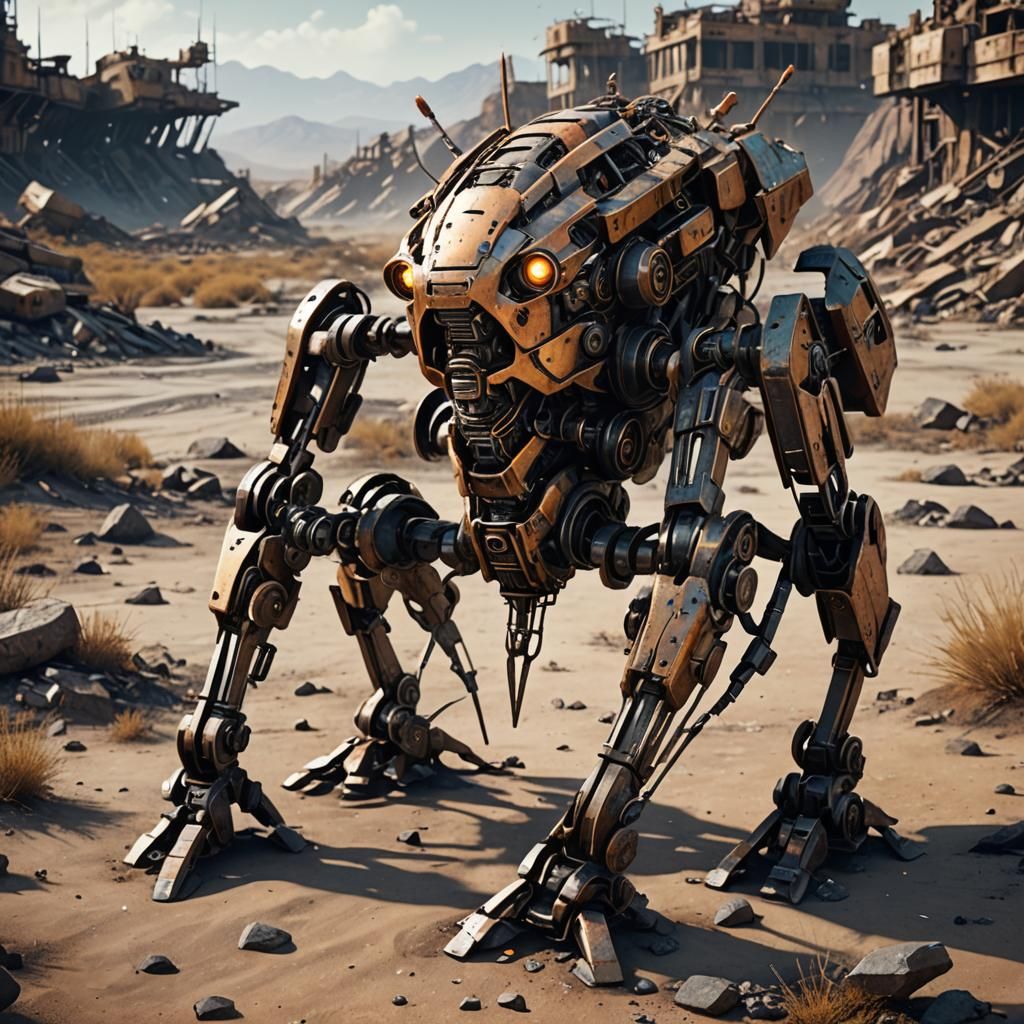 A decaying rusty insect-like robot in a desolate, barren was...